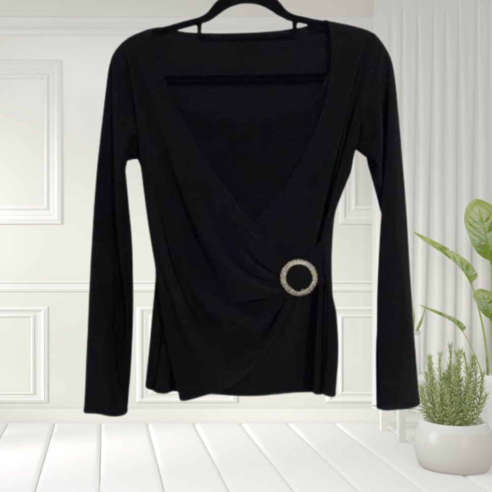 Black Long Sleeve Wrap Top with Decorative Hoop – Size S, Partial Cami Insert - Picture 2 of 10